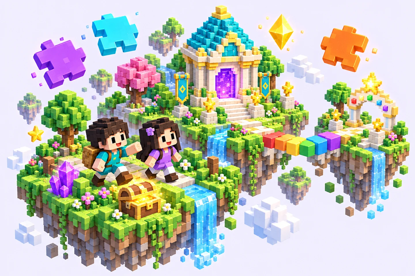 Two voxel adventurers explore floating islands, a rainbow bridge, and a magical gem temple surrounded by colorful programming blocks.