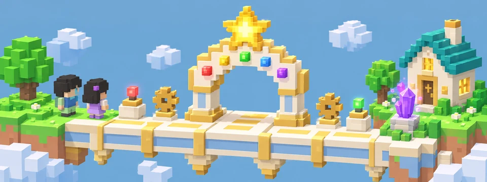Two voxel characters at a star-topped portal in the sky kingdom